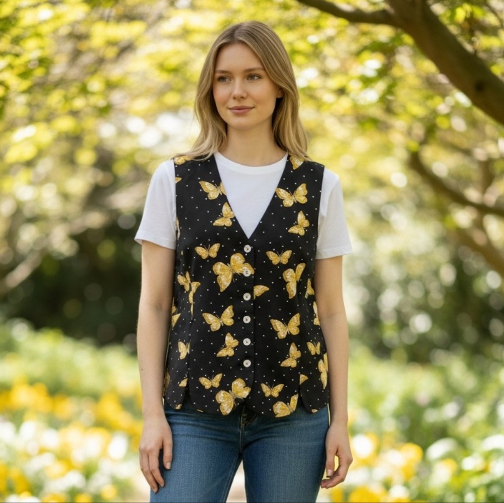 Norton McNaughton Women's Black Top with Yellow Butterfly Print